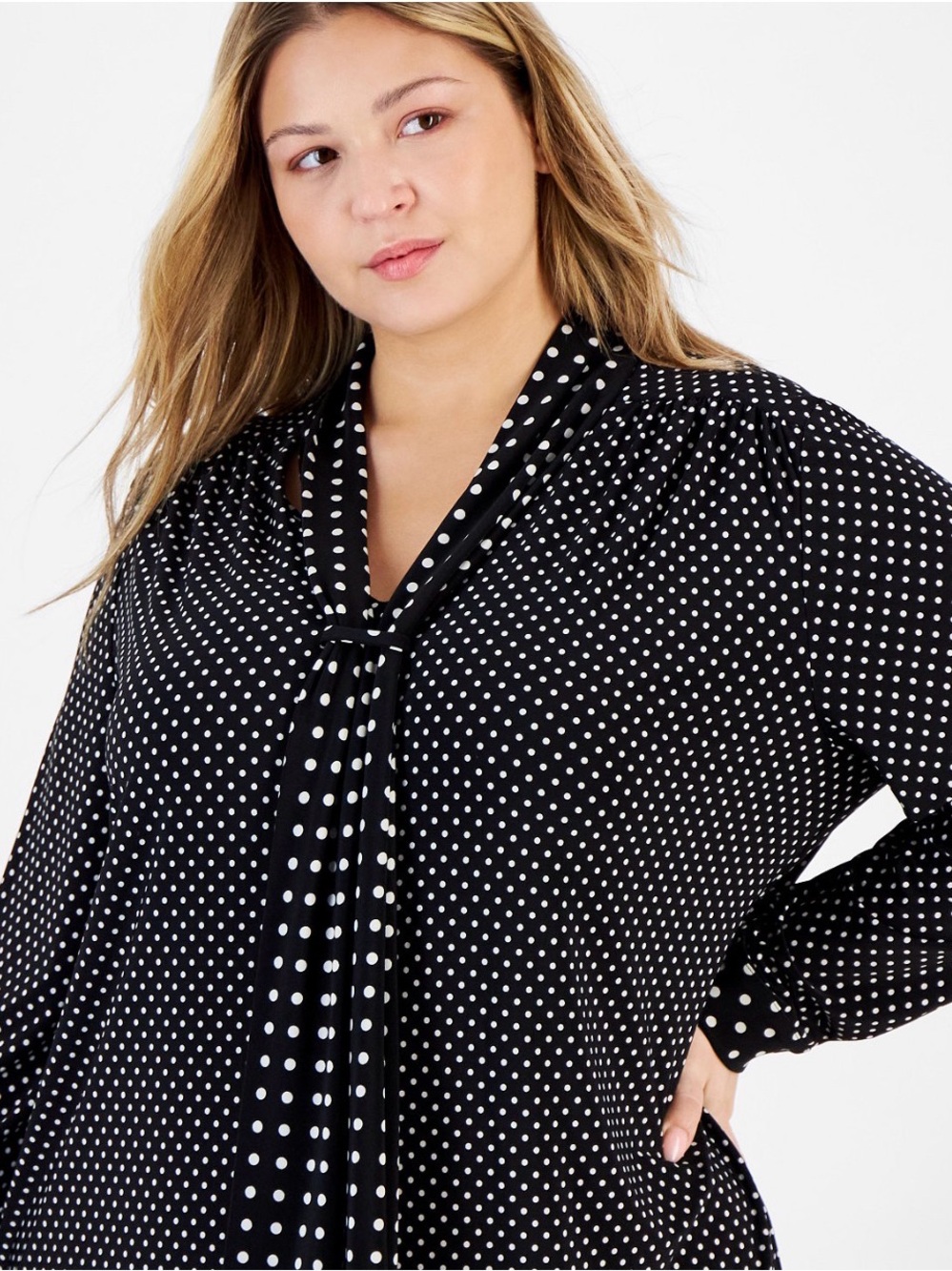 Plus Size Dot-Print Scarf-Neck Long-Sleeve Top